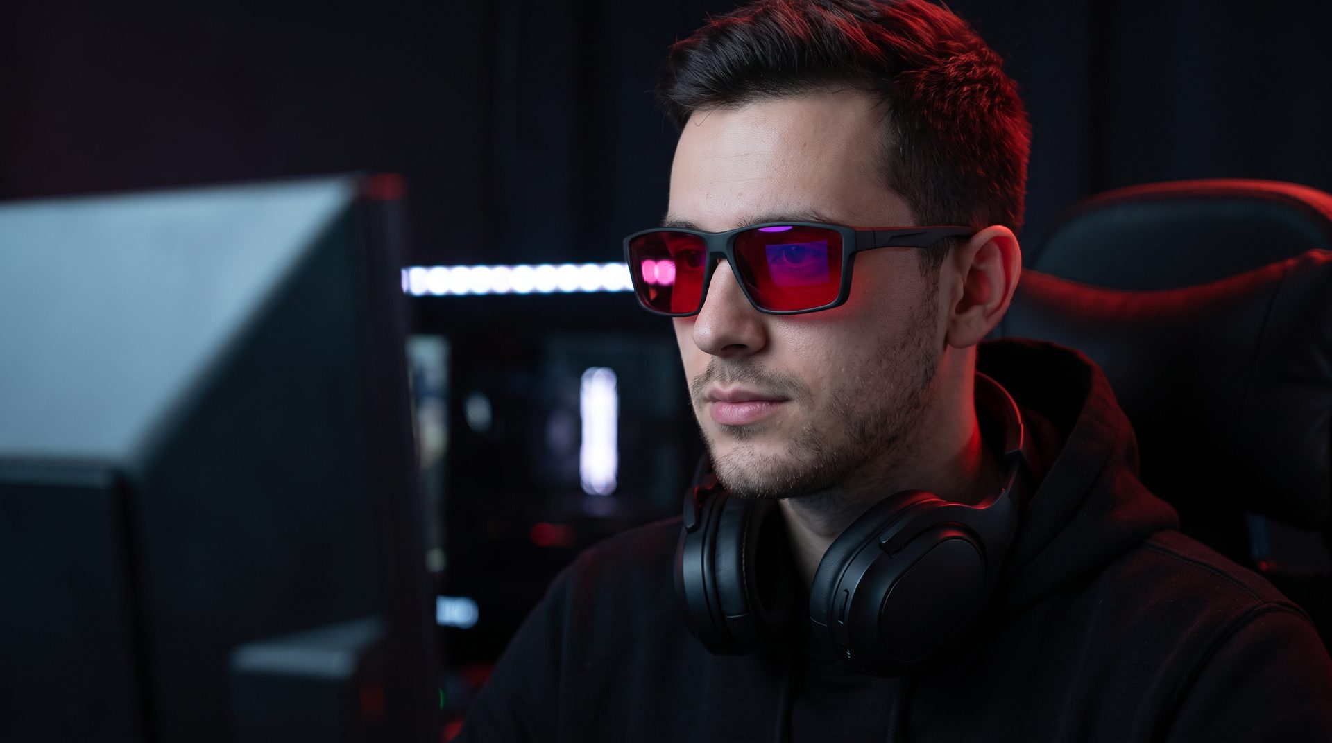 Man in a dark gaming room wearing ROMA 001 with Rosso lenses