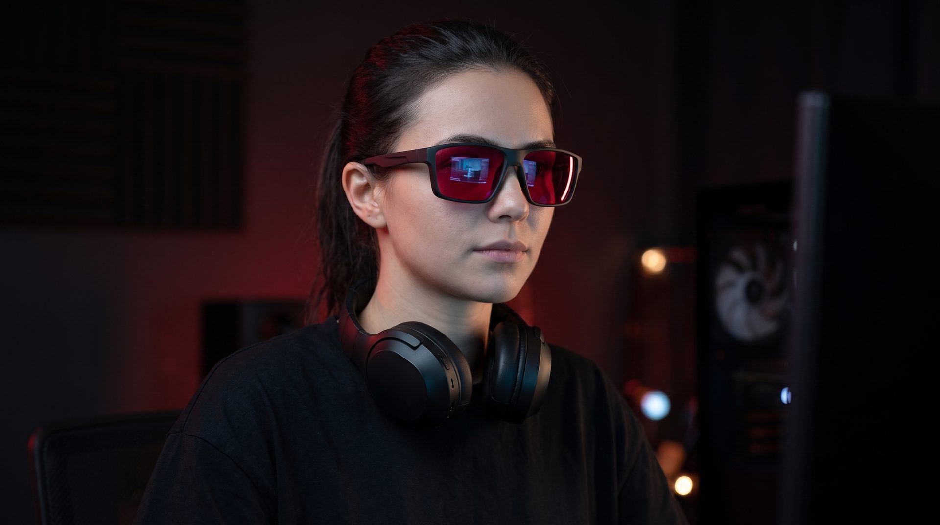 Woman in a dark gaming room wearing ROMA 001 with Rosso lenses